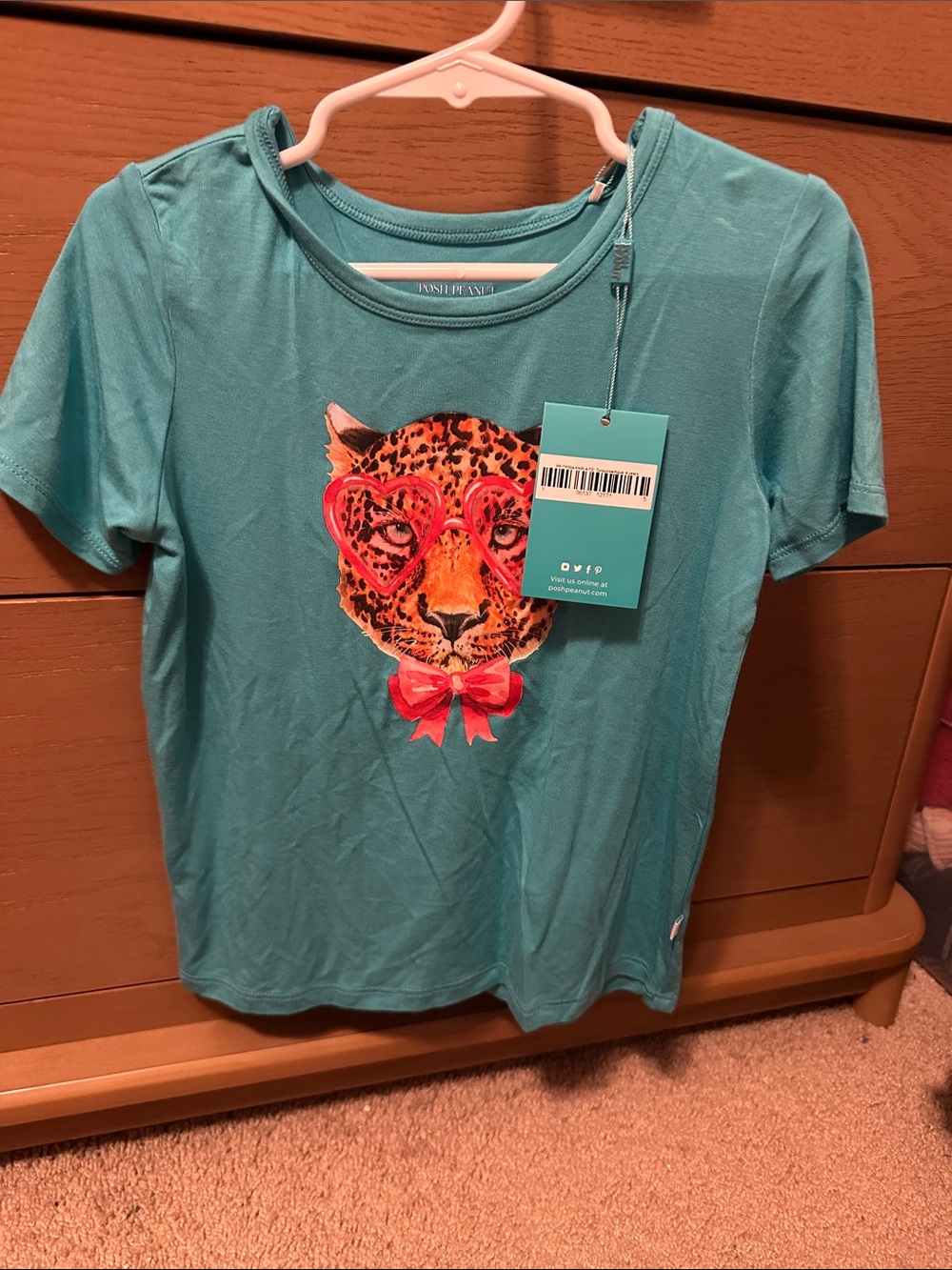 Posh Peanut Teal Short Sleeve Tee with Leopard Face and Heart Glasses